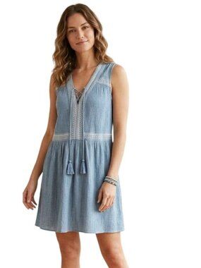 Oddi Mini Dress Size Small Crinkle Embroidered Lace Up V Neck Tassel Tie Summer